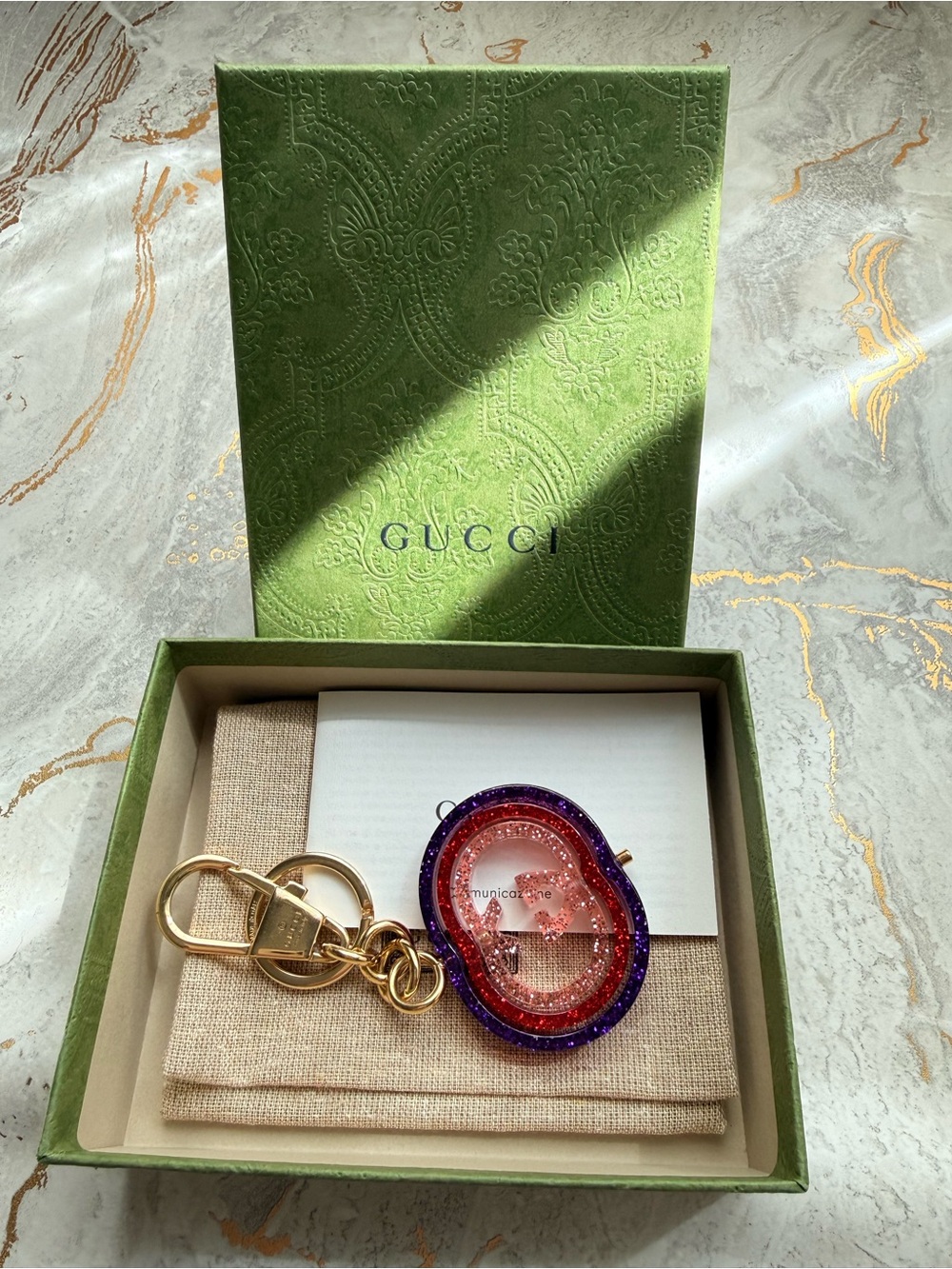 Gucci Interlocking G Glitter Resin Keychain Bag Charm Purple Red Pink Gold